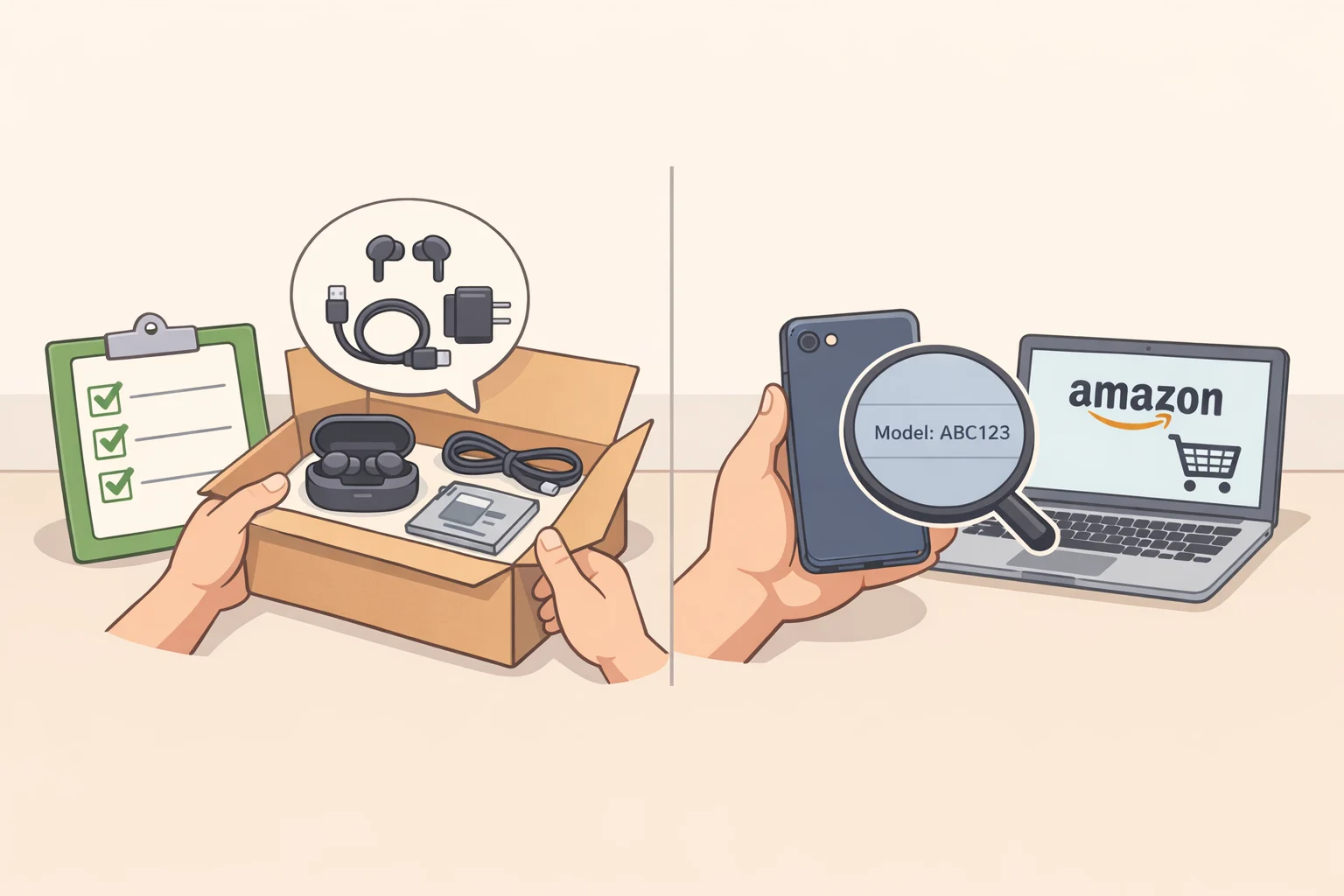 Checklist-style image guiding shoppers to confirm NXTPAPER 11 Gen 2 model, bundled protective case and T-Pen, and seller details on the Amazon listing