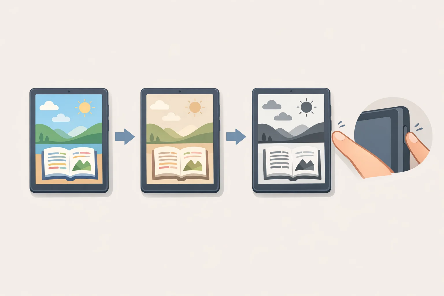 Illustration of the tablet NXTPAPER button cycling through Standard, Color Paper, and Ink Paper reading modes for glare-reduced reading