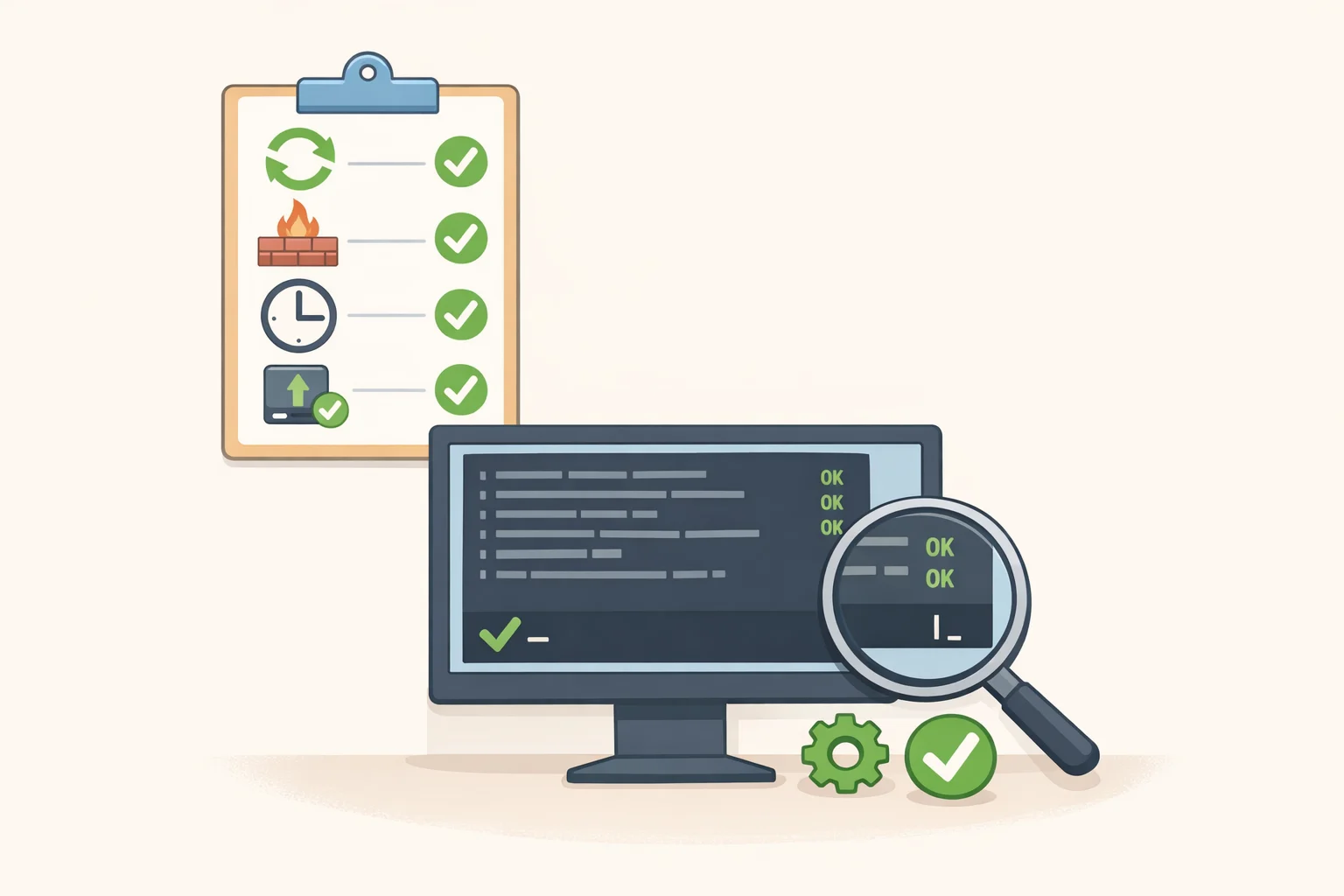 Illustration of a checklist-style dashboard showing apt/dnf updates complete, firewall active, timedatectl with NTP service active, and successful Timeshift and Déjà Dup backups