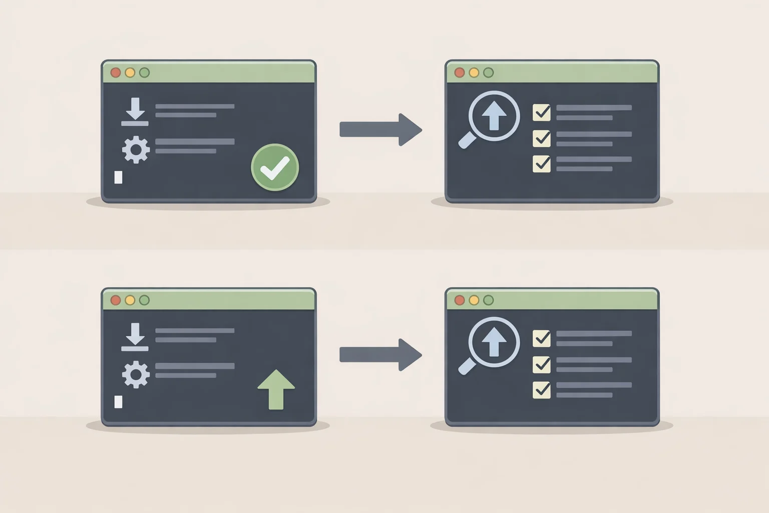 Screenshot-style illustration of the new to Linux checklist commands in a terminal: apt update && apt upgrade followed by a verification step showing nothing left to upgrade