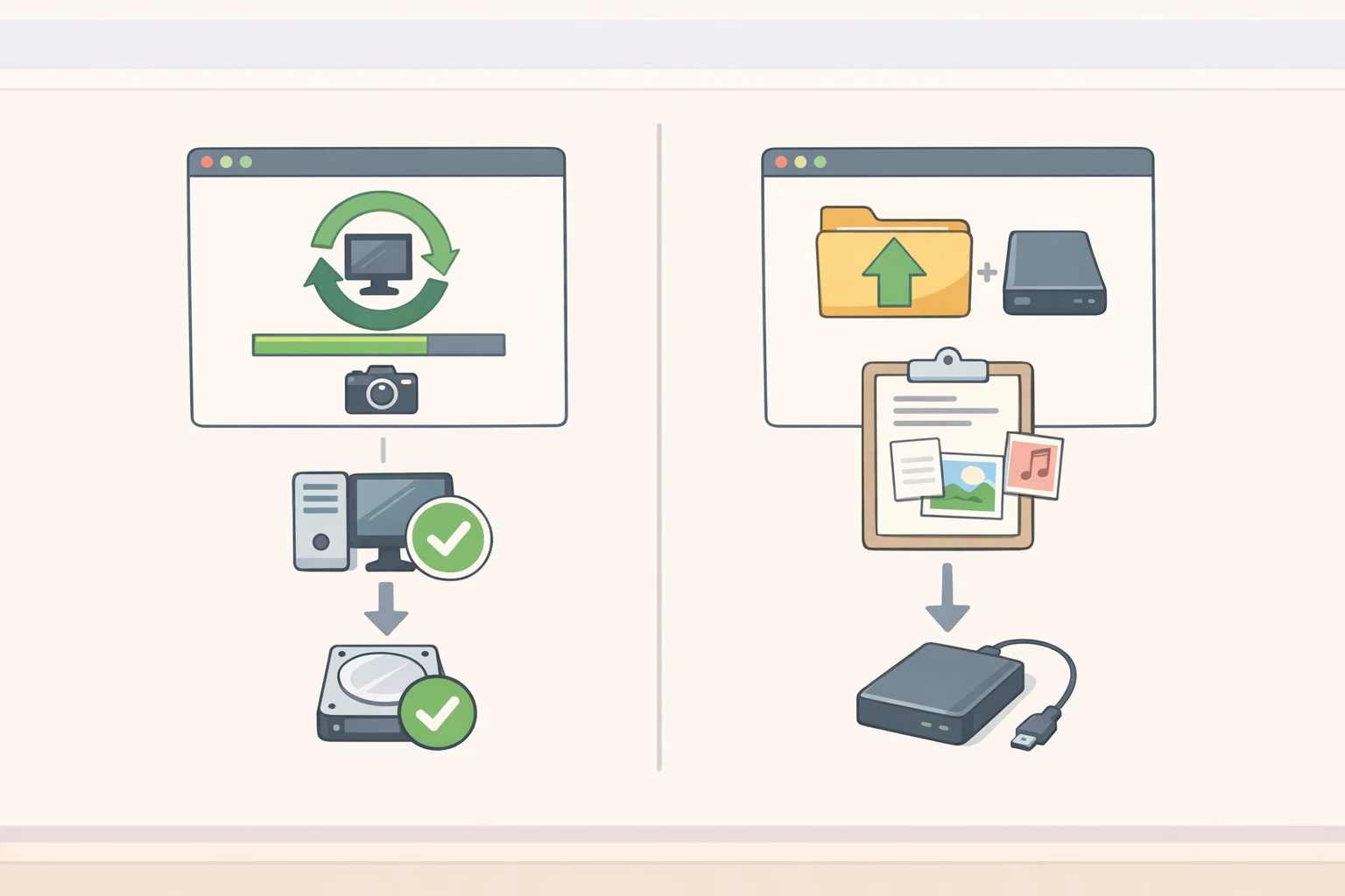 Illustration of Timeshift showing today's snapshot date and Déjà Dup showing a recent successful backup timestamp