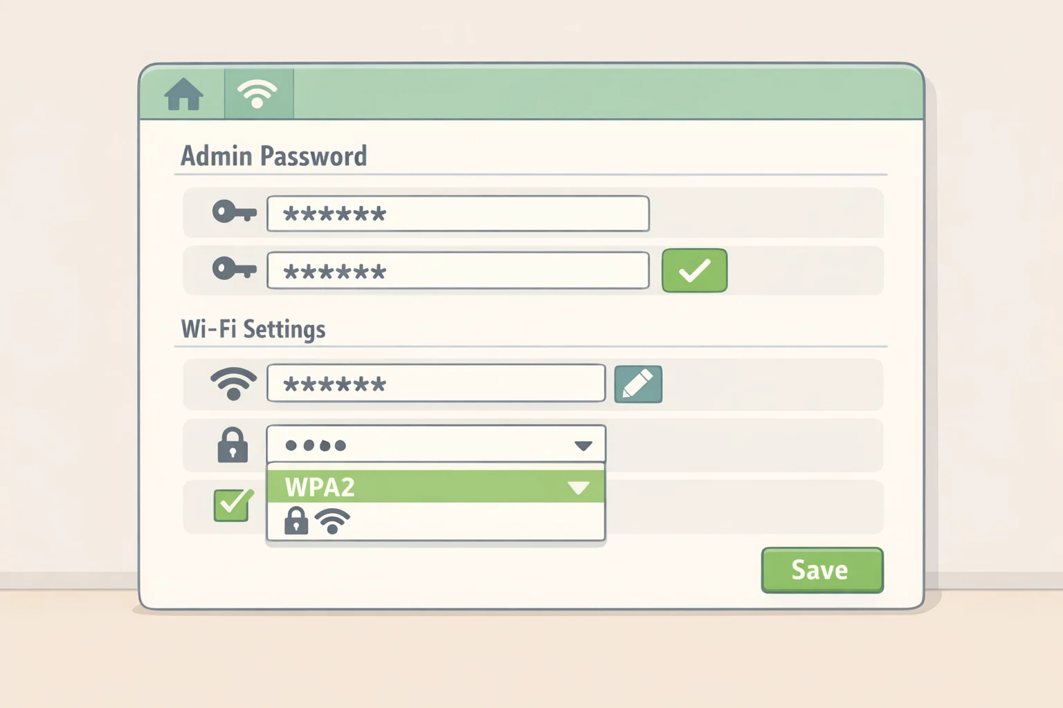 Illustration of a router admin panel where the user replaces default admin and Wi-Fi passwords with strong unique credentials and confirms network encryption is enabled