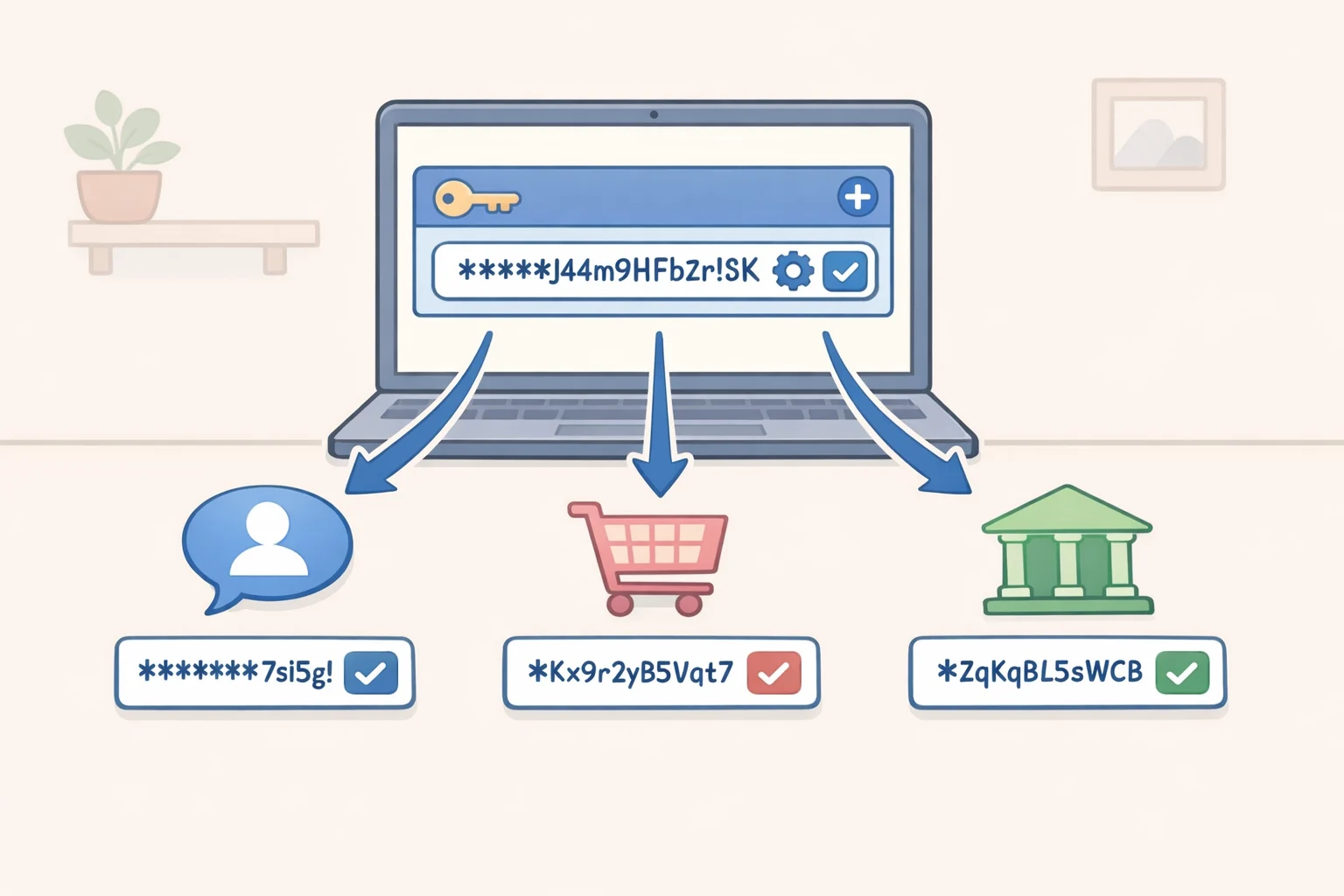 Illustration of a password manager screen generating a unique, 15+ character password for multiple logins, showing how to protect your personal information online by eliminating password reuse
