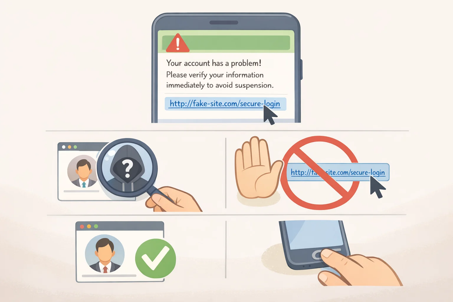 Illustration of a suspicious email or text prompt with highlighted links and a warning icon, showing the user choosing to type the company website address manually instead of clicking