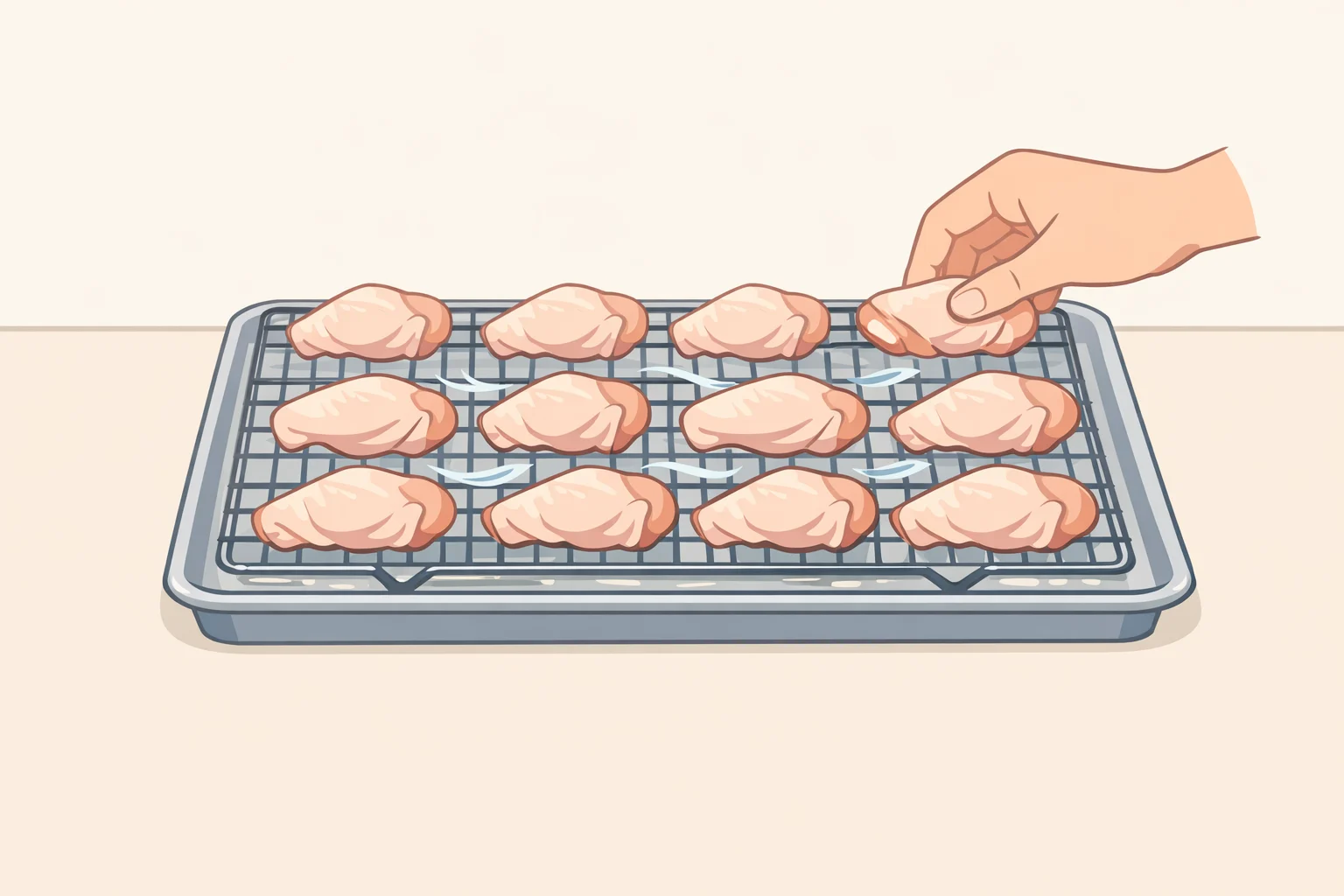 Illustration of split chicken wings skin-side up on a lightly greased wire rack inside a rimmed baking sheet, spaced apart and ready for an uncovered refrigerator rest