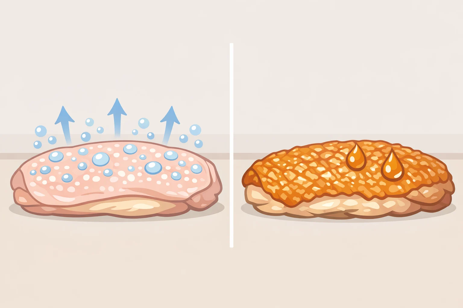 Close-up illustration comparing smooth versus crackly chicken wing skin after baking powder and an uncovered refrigerator rest, showing tiny blister-like bubbles that help the pepper jelly chicken wings recipe glaze grip