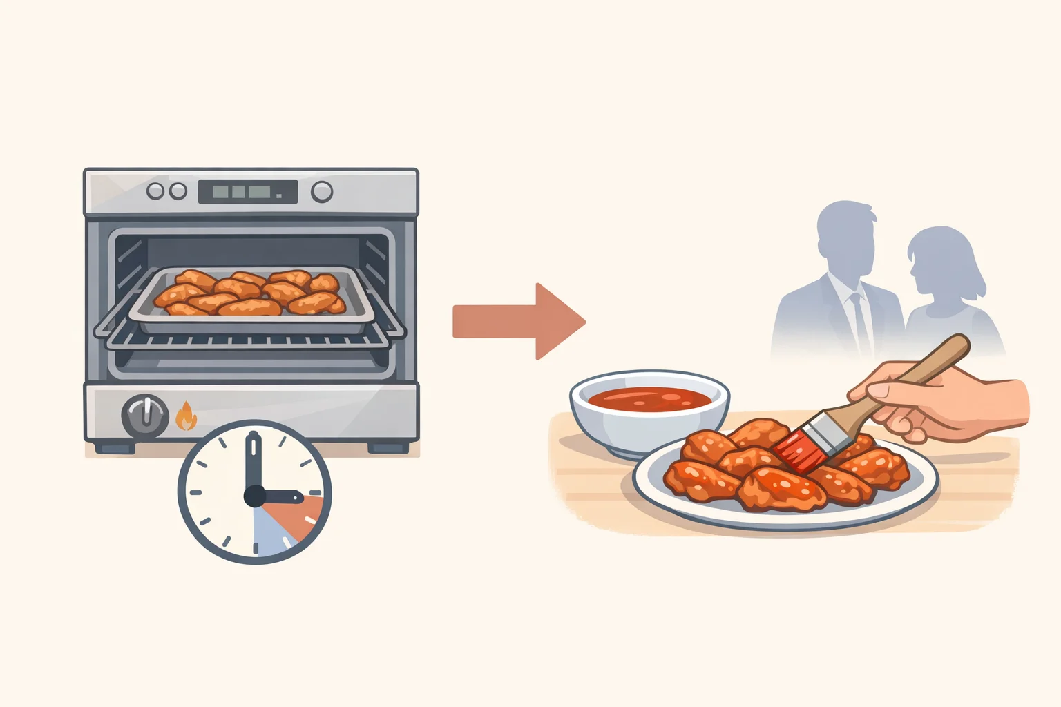 Illustration of a serving timeline and oven setup showing baked but unglazed chicken wings resting in a 200°F oven before getting pepper jelly glazed at the last minute