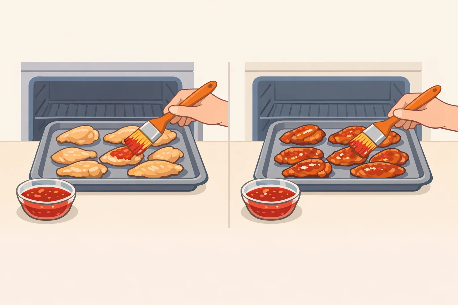 Illustration of a saucepan melting pepper jelly with apple cider vinegar and stirring in butter, then showing the wings being brushed with glaze at mid-bake and tossed with reserved glaze at the end