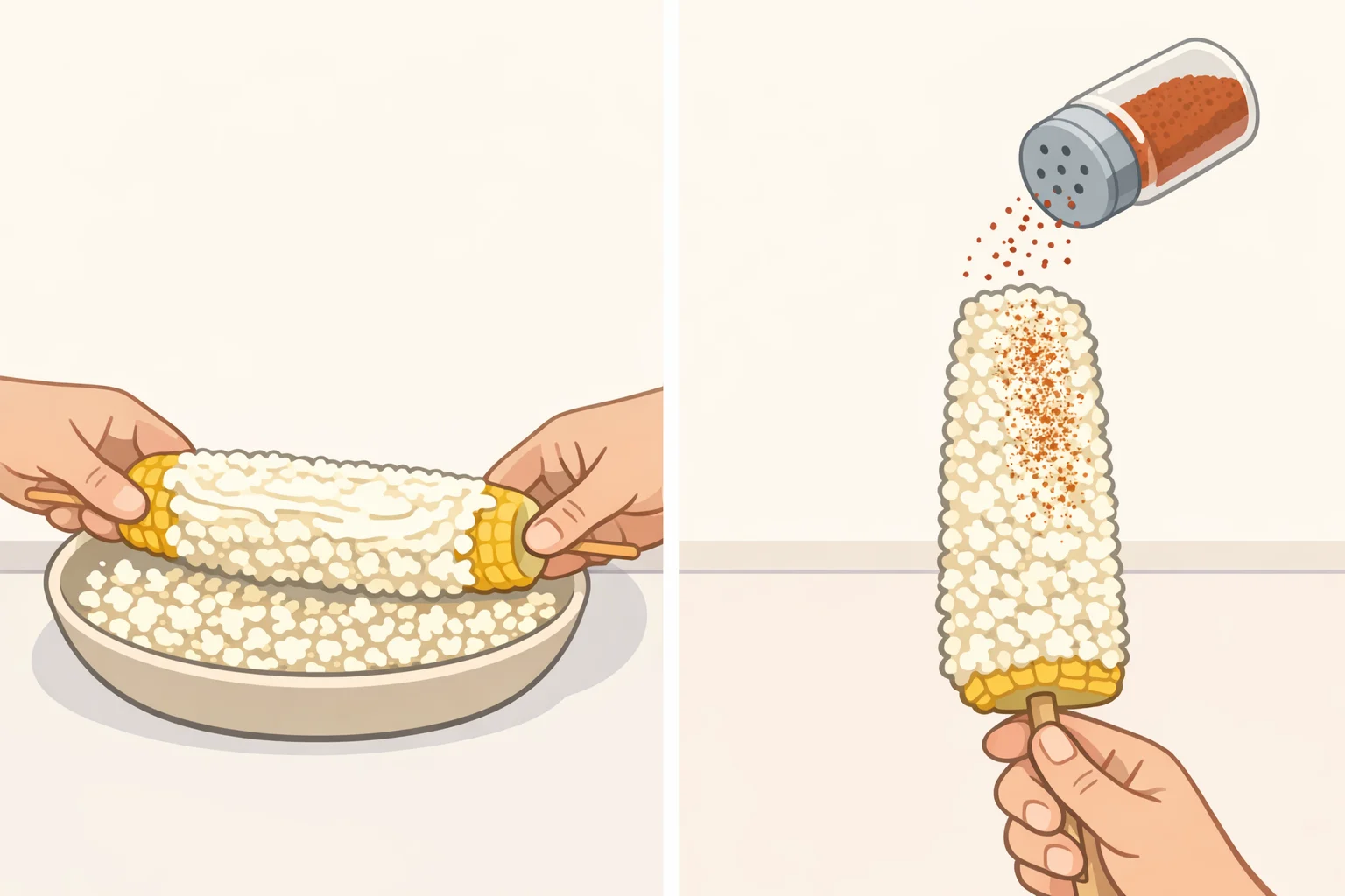Step-by-step visual of a hot ear of elote-style corn being spread with mayonnaise-crema, rolled in crumbled cotija, and lightly dusted with chili powder or Tajín