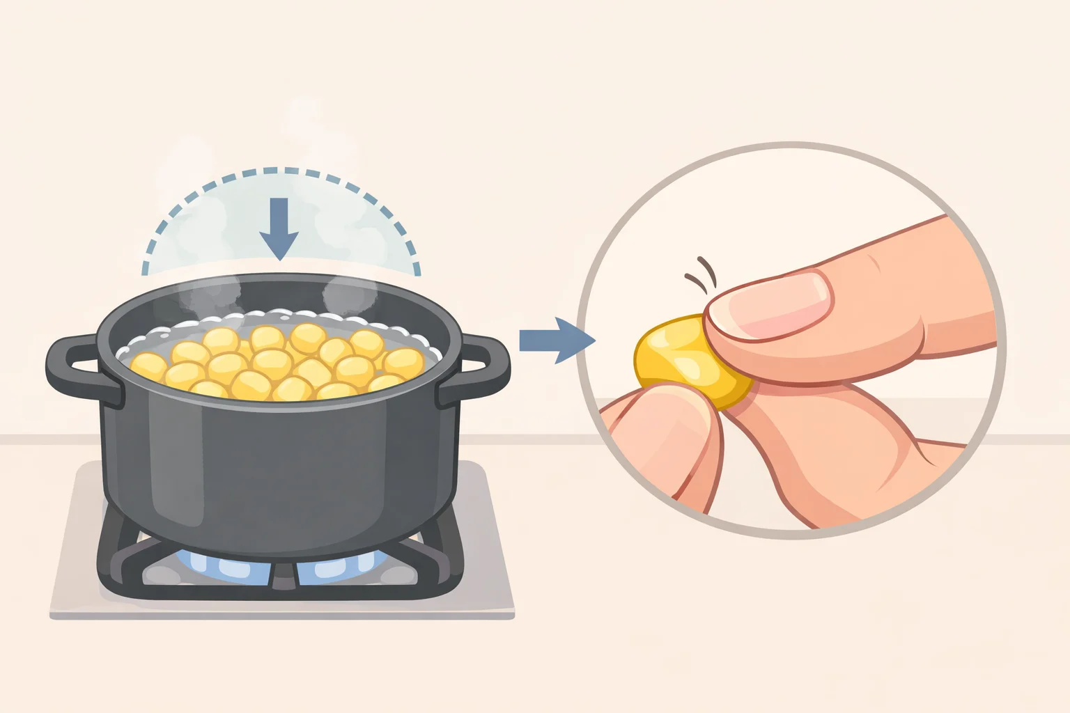 Close-up of fresh corn kernels after boiling, with a fingernail pressing a kernel to show it releases milky liquid and feels tender but not mushy
