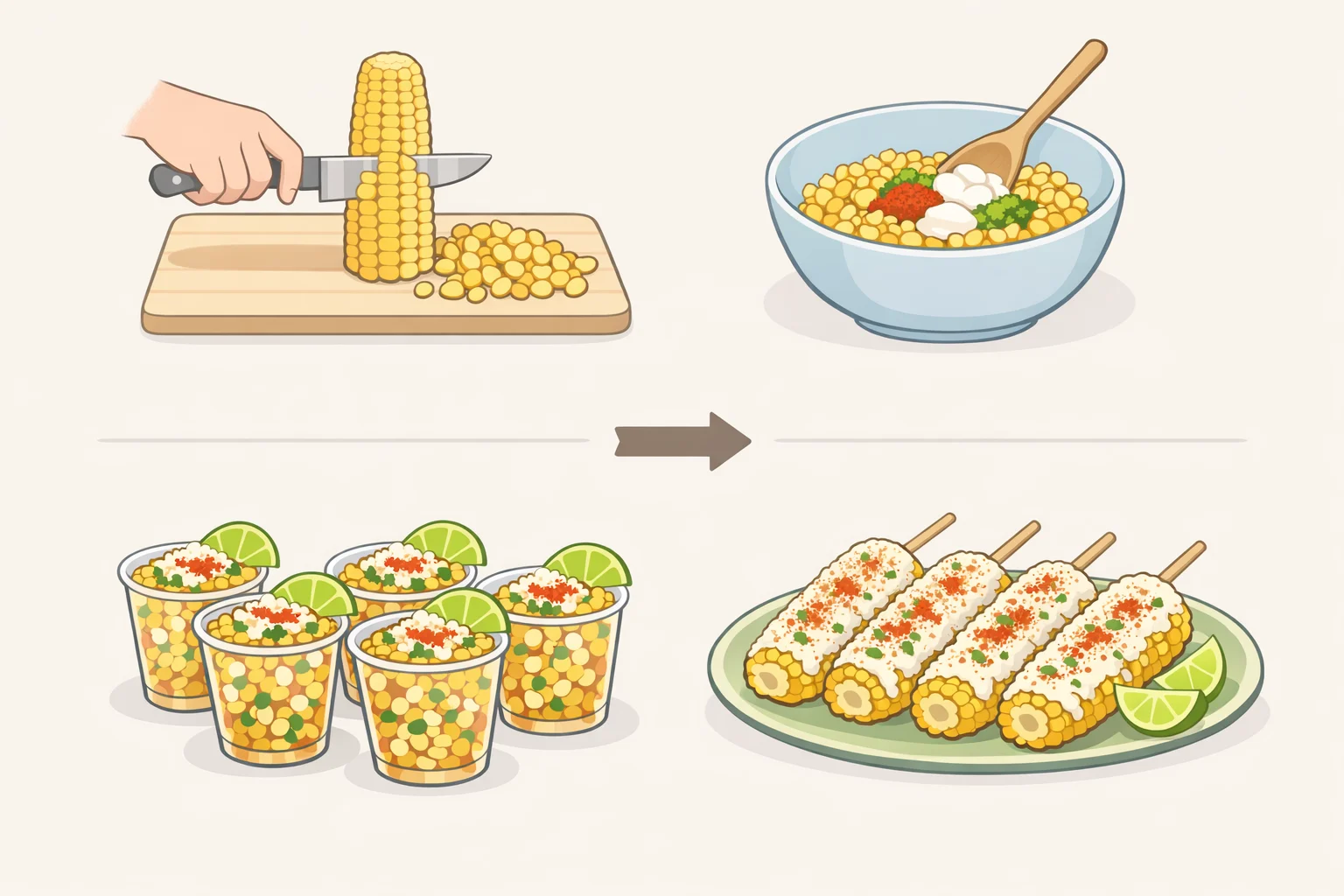 Serving setup showing esquites: cooked corn kernels sliced off the cob and tossed with the elote spread in a bowl, ready to be portioned into cups for a crowd