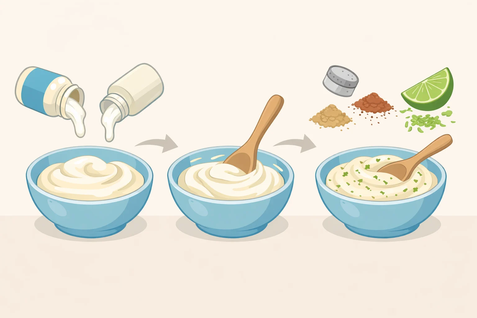 Mixing bowl view of mayonnaise and Mexican crema stirred smooth, with garlic powder, smoked paprika, chili powder, and lime zest incorporated into a thick Greek-yogurt-like spread