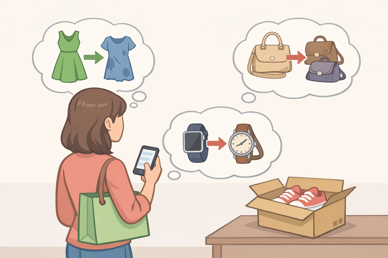 Illustration of a shopping moment with a checklist asking what the new item will replace, whether rearranging is needed, and how it will affect cleaning and maintenance