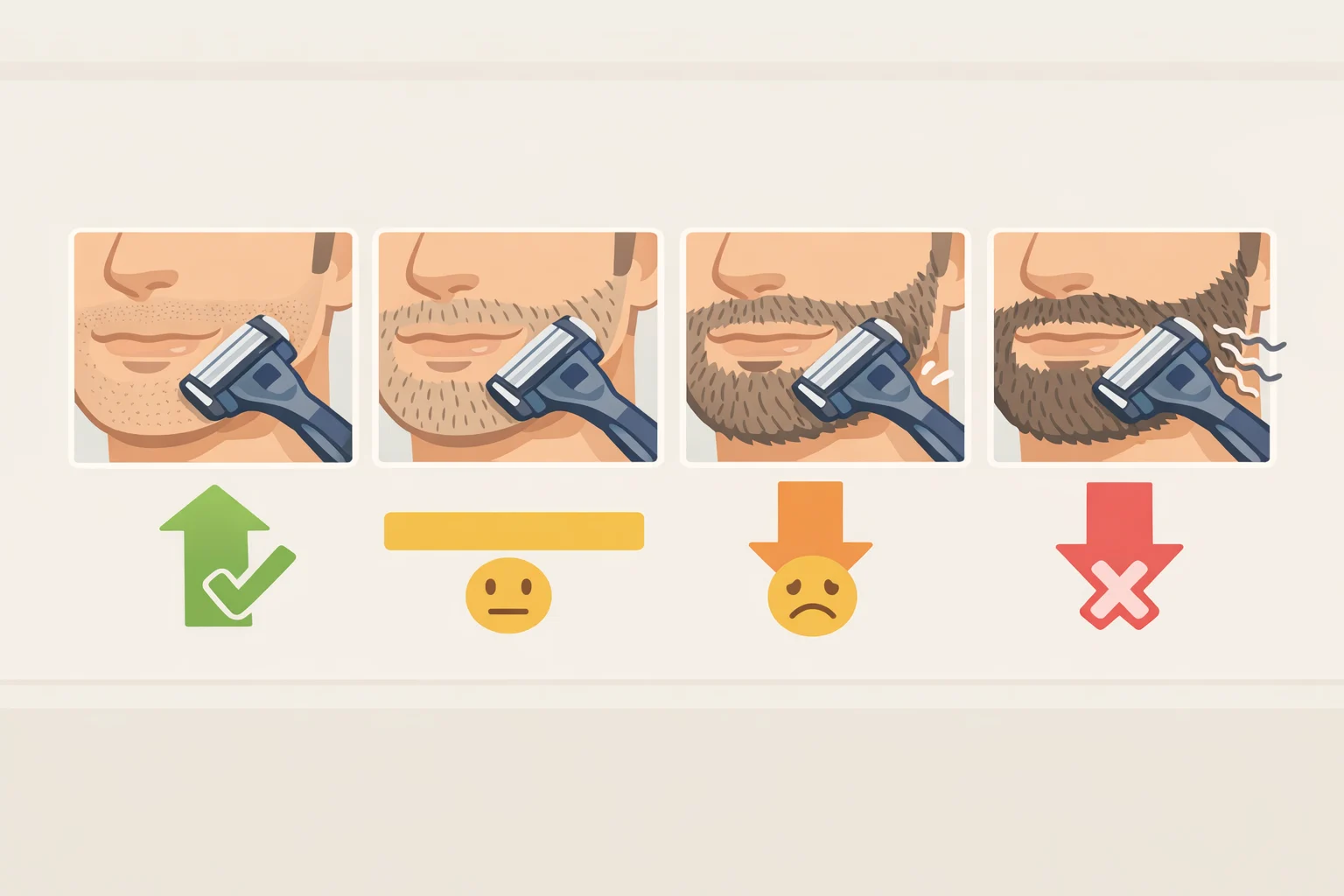Illustration comparing shaving results of the Laifen P3-Blade electric shaver launch model on short stubble versus longer growth, emphasizing the reduced closeness on heavier hair