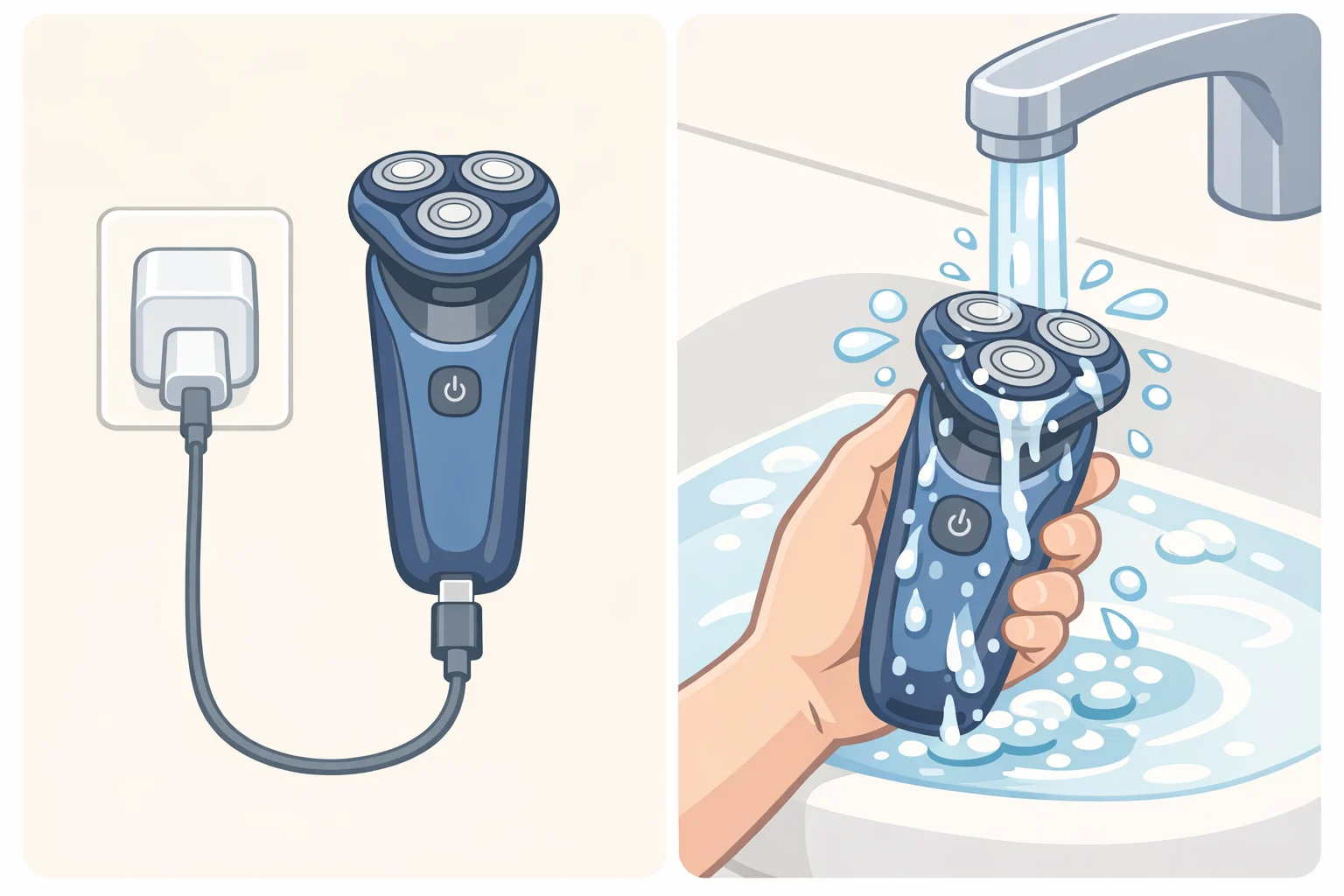 Diagram showing USB-C charging for the Laifen P3 Pro travel shaver alongside an IPX7 waterproof rinse scenario with the foil head detaching for cleaning