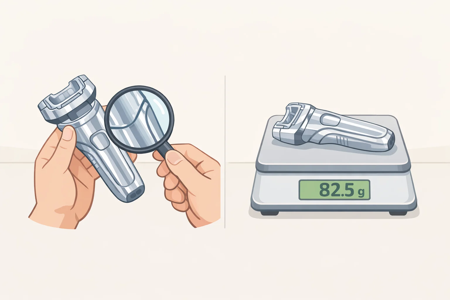 Close-up illustration of the milled aluminum body of the Laifen P3 Pro electric shaver highlighting the premium finish and compact palm-sized cuboid shape