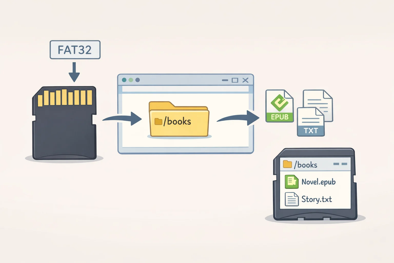 Illustration of a FAT32 microSD card with a top-level /books folder containing EPUB and TXT files for reliable Xteink X4 tips and tricks microSD transfers