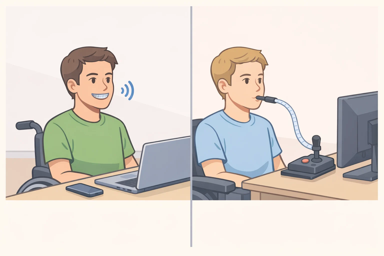 Side-by-side illustration comparing the MouthPad dental retainer inside the mouth to an external sip-and-puff mouthpiece/joystick controller, emphasizing more discreet, portable hands-free access for a library environment.