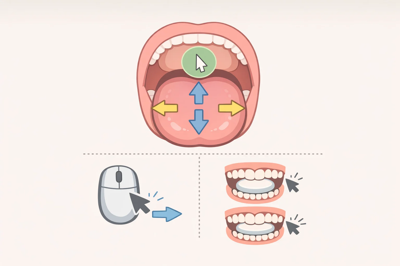 Illustration of Augmental MouthPad launch controls: a dental retainer on the upper teeth with tongue sliding to move the cursor, palate pressure for left-click, and a sipping-breath gesture for right-click, plus head-motion sensing.