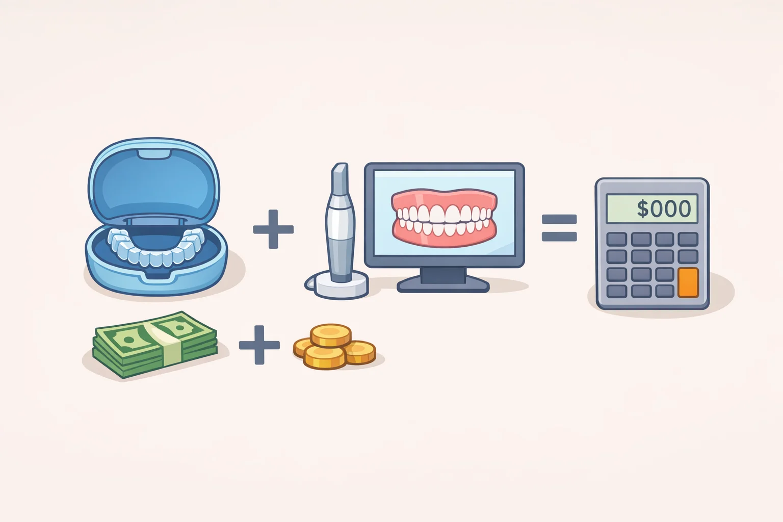 Infographic-style illustration breaking down the total entry cost for MouthPad: $1,400 for the device plus approximately $100 for the required dental scan, highlighting that the launch materials do not mention reimbursement or insurance.