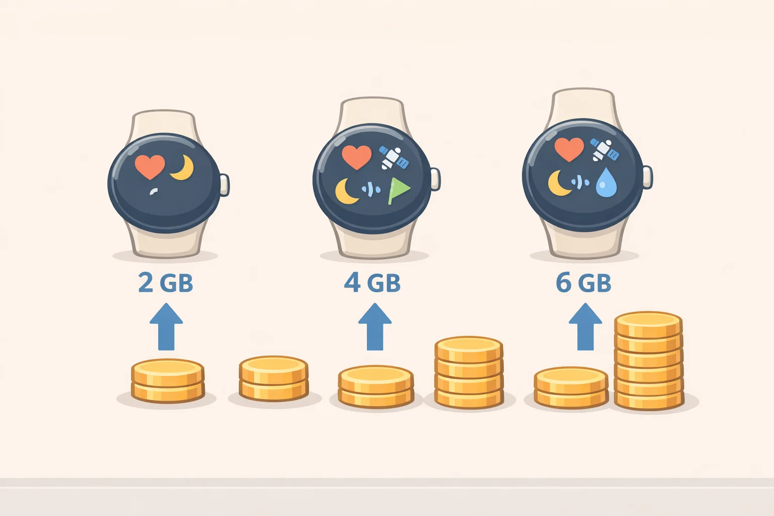Price comparison chart listing Pixel Watch 5 41mm Wi-Fi, 45mm Wi-Fi, and LTE variants with the reported $399/$429/$499-$529 pricing and the context of the 3GB RAM increase