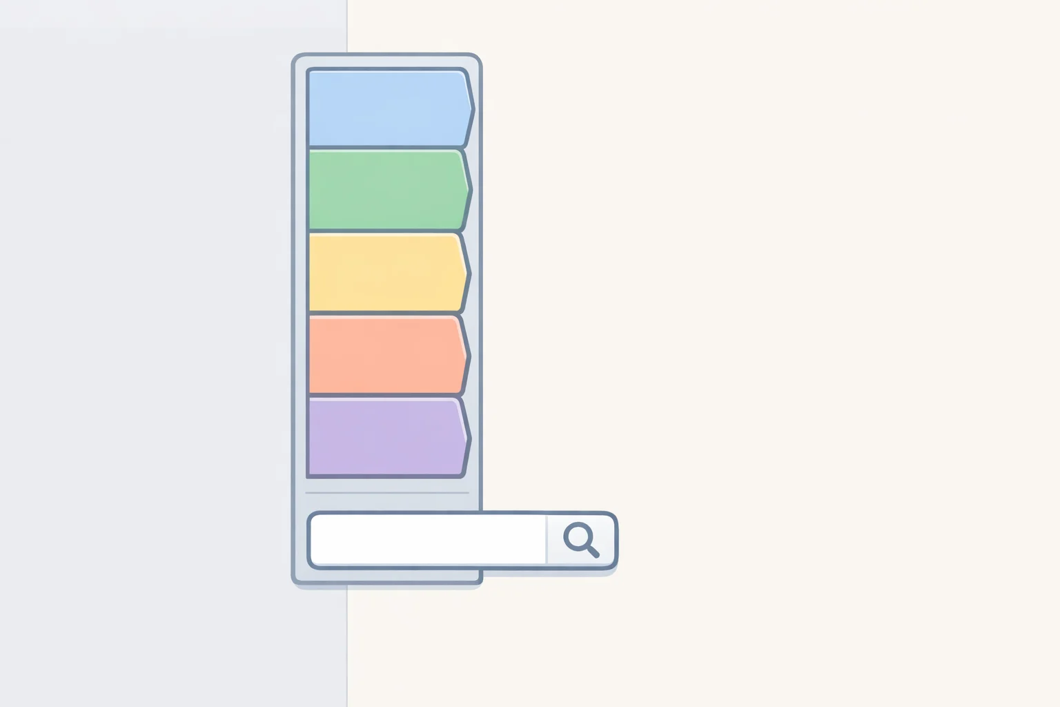 Illustration of Opera One vertical tabs using a resizable left panel where full tab titles remain readable, with a magnifying-glass tab search icon at the top right