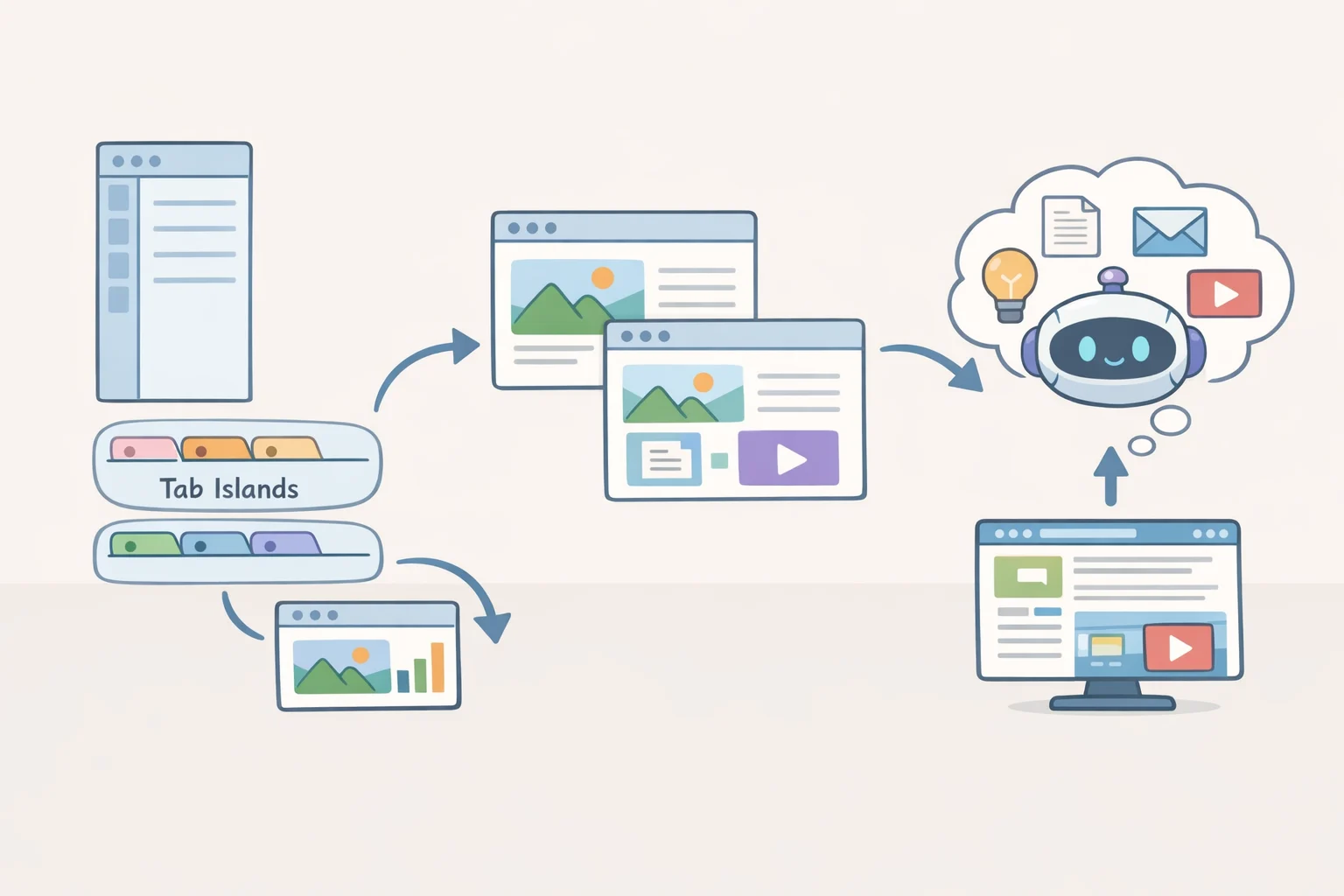 Illustration of Opera's context chain where Opera One vertical tabs feed into Tab Islands, then into Workspaces, and finally into browser AI using the active context for smarter assistance