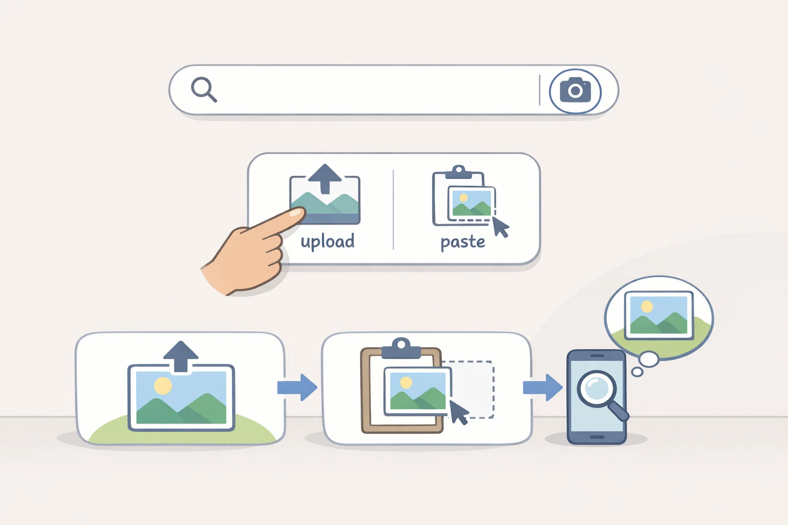 Illustration of Opera One's home-page search bar with the Google Lens icon opened, showing options to upload an image, drag and drop, paste from clipboard, or use an image URL