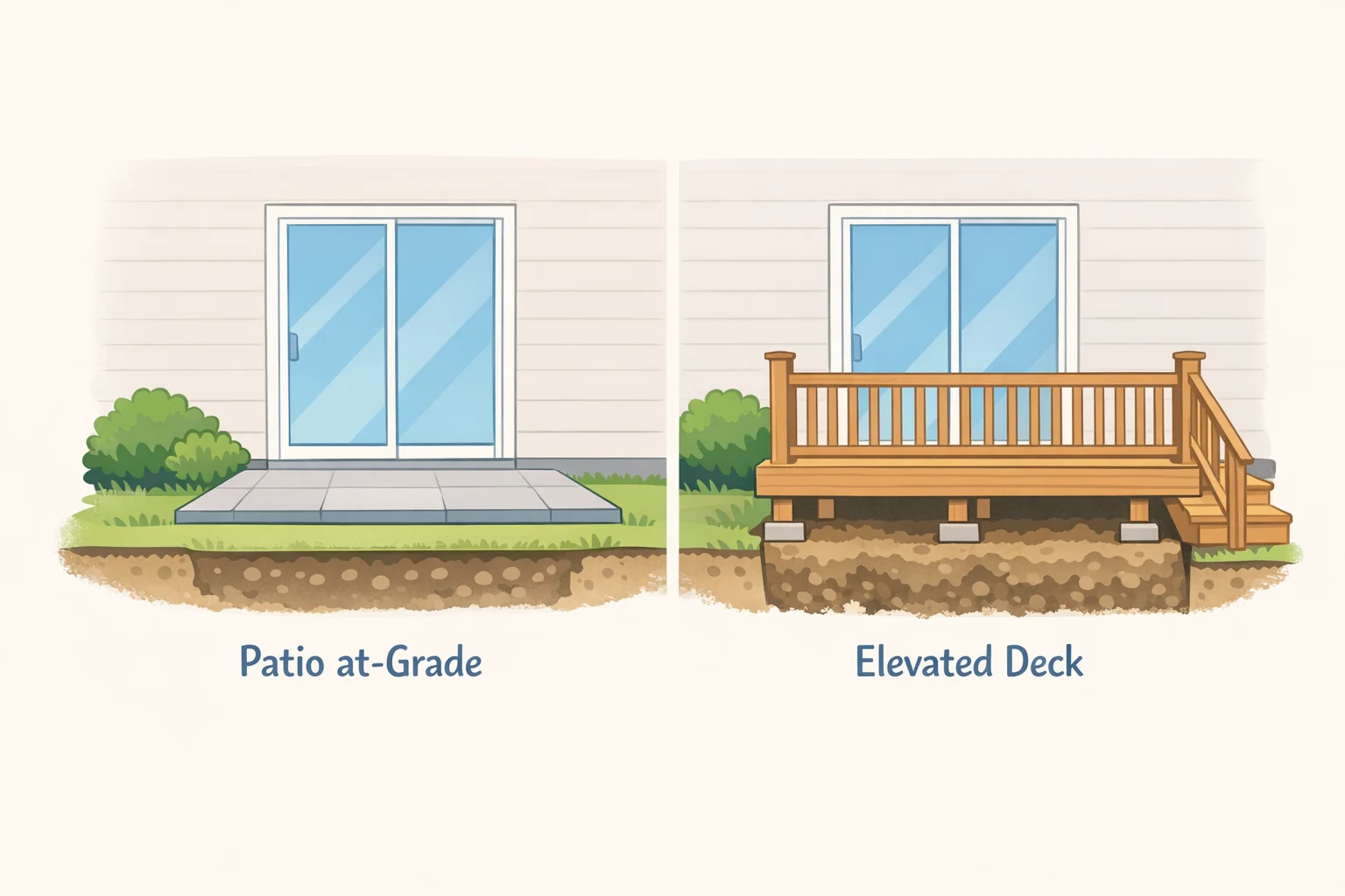 Diagram comparing a 20-by-20 brick paver patio at grade with an elevated deck solution for homes with significant yard grade change