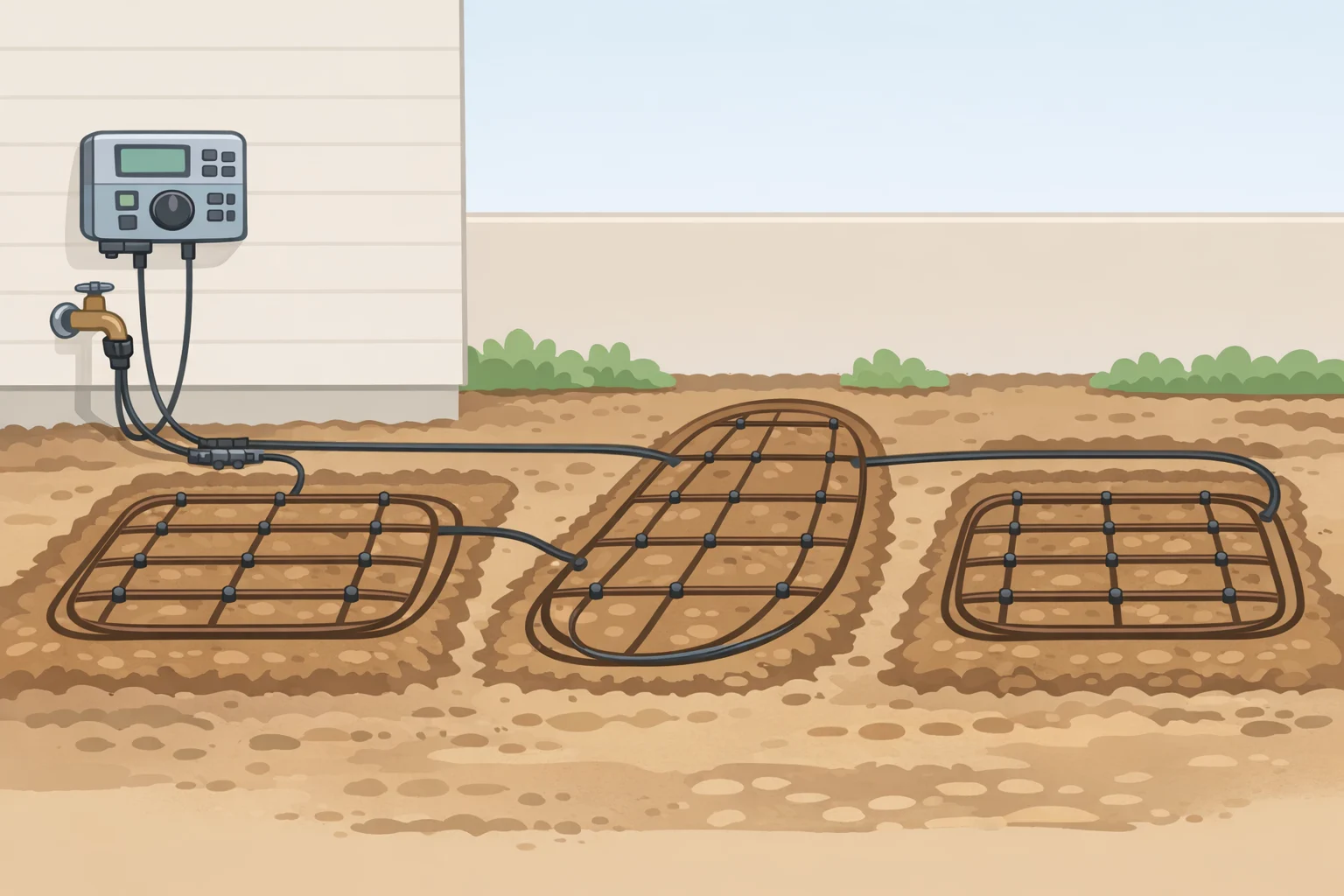 Illustration of drip irrigation zones running beneath planting areas before shrubs and hedges are installed, supporting summer backyard upgrade ideas
