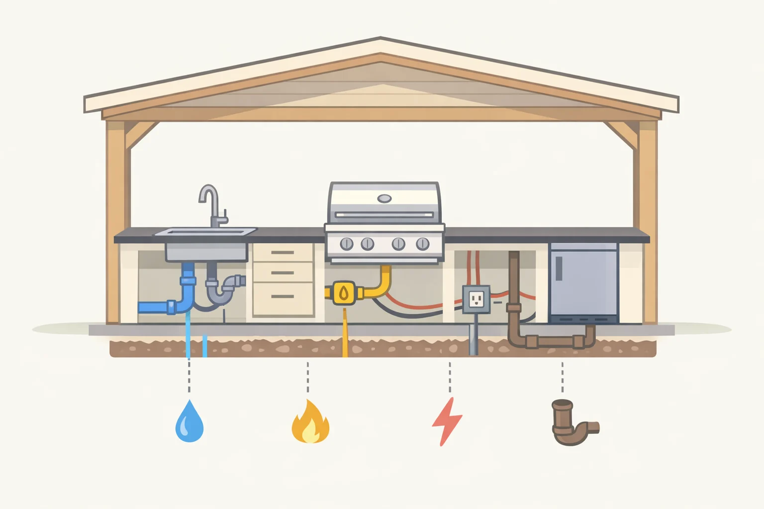 Diagram of an outdoor kitchen on a covered patio showing where gas lines and electrical components require permits