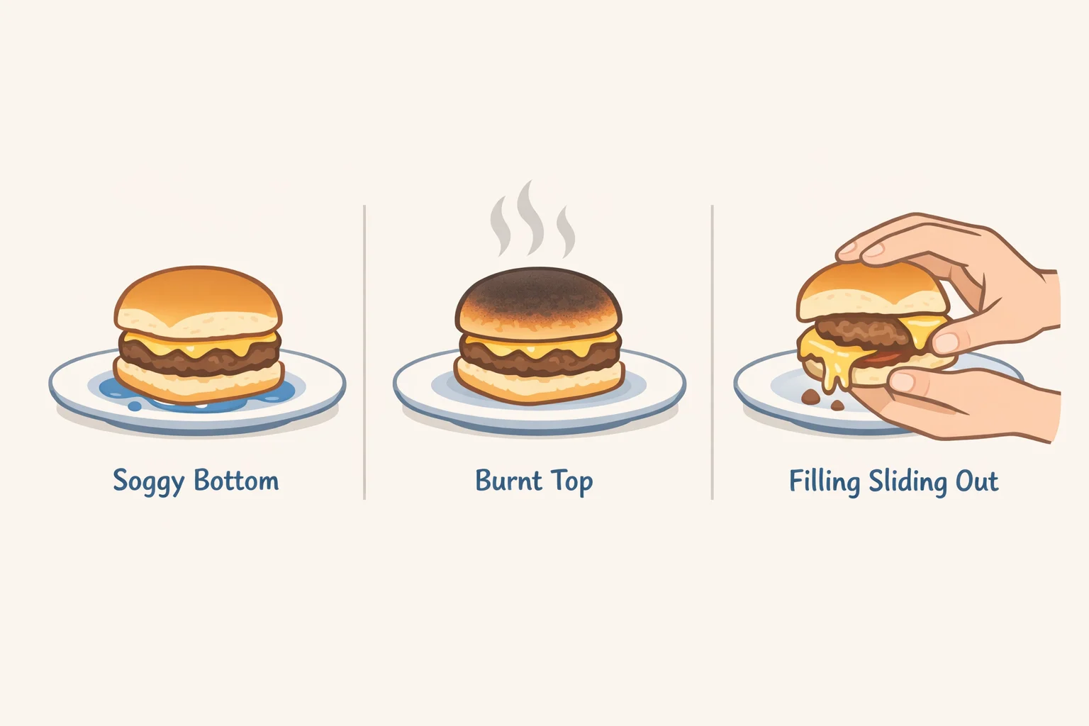 Hawaiian roll slider troubleshooting: examples of soggy bottoms, burnt tops with cold centers, and fillings sliding out when cheese doesn't anchor the layers