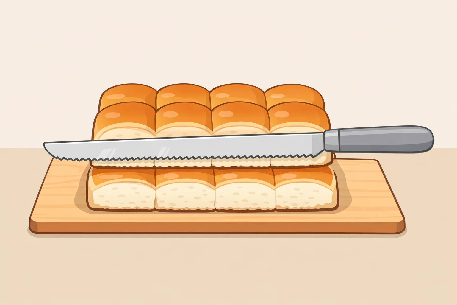 Hawaiian roll sandwich hack: a connected 12-count Hawaiian roll slab being sliced horizontally into a top and bottom half
