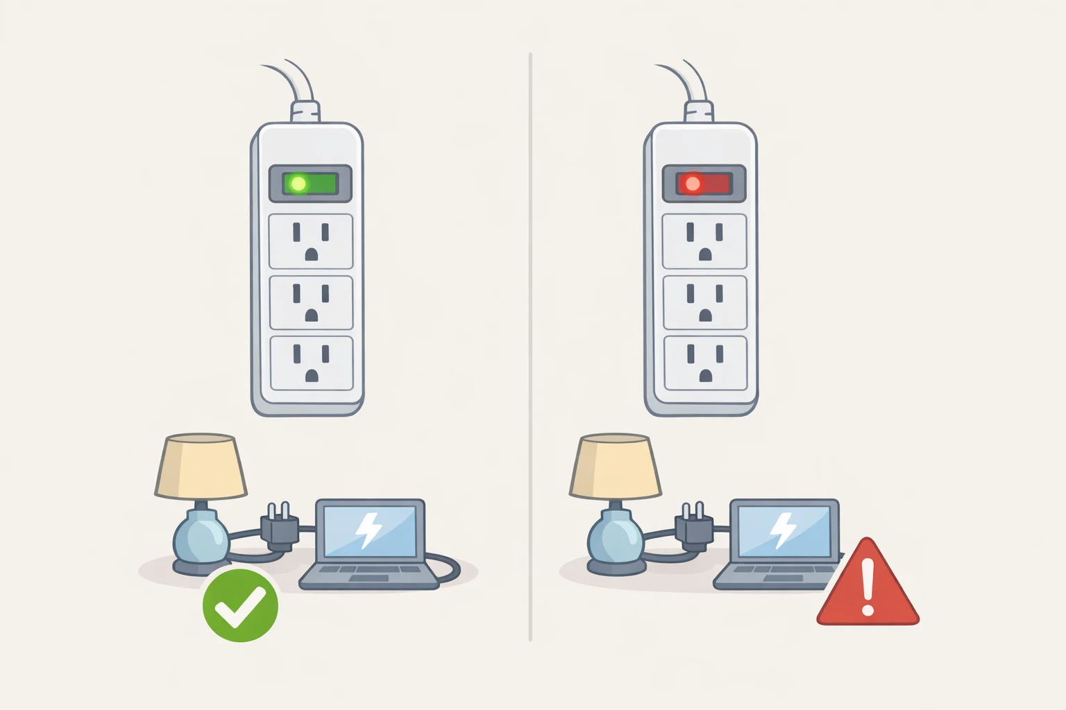 Surge protector powering connected devices with the “PROTECTED” light off, indicating the surge protection is no longer functioning