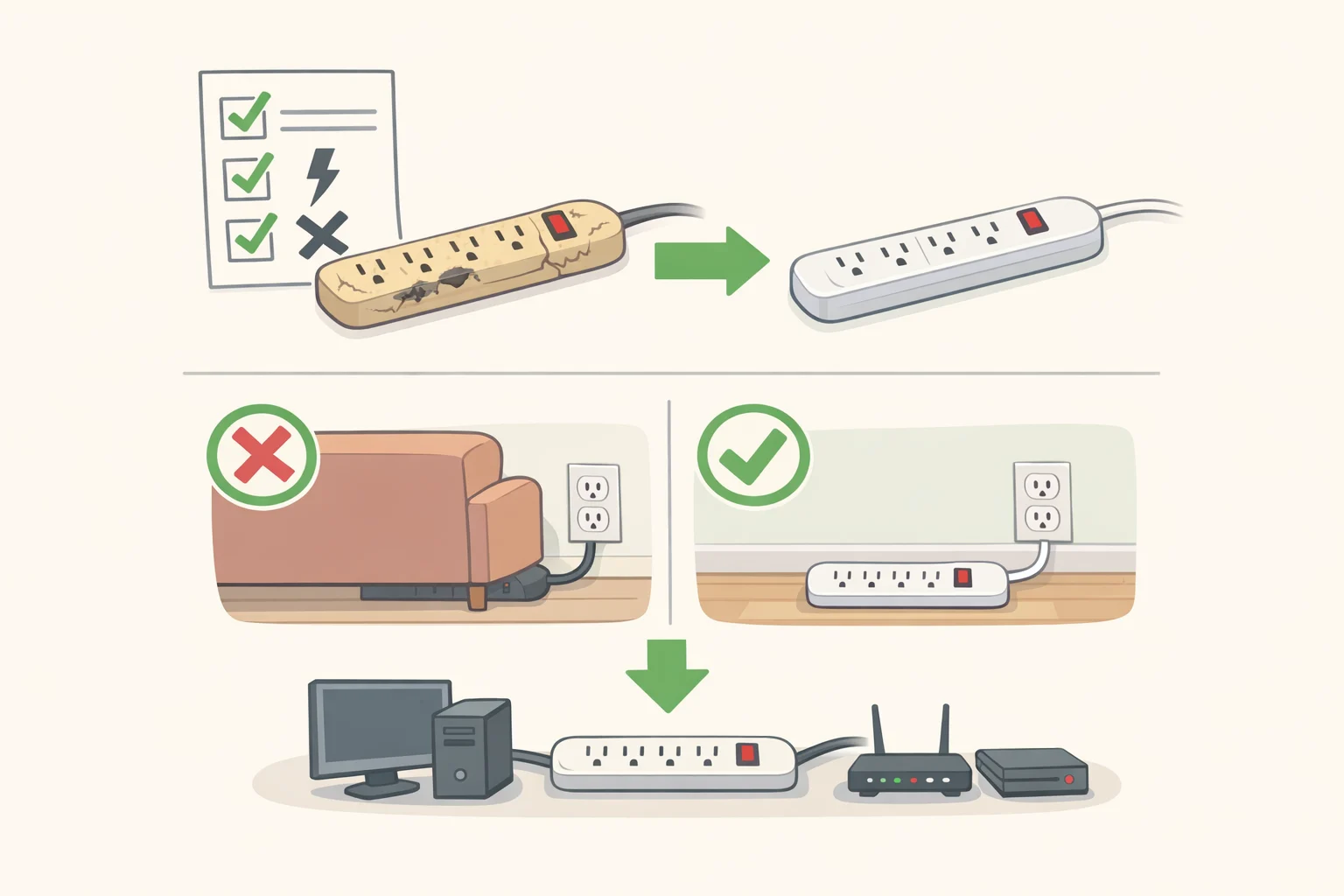 Homeowner reviewing a checklist including replacing the strip if the “what does the red light on a power strip mean” label indicates protection failure and plugging into a grounded three-wire outlet