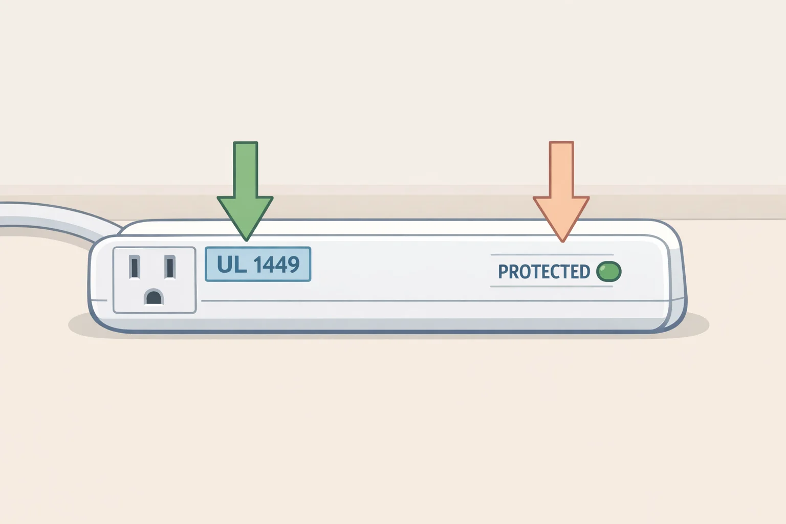 Close-up of a surge-protecting power strip label highlighting “PROTECTED/PROTECTION,” “UL 1449” certification, and “surge protector” wording