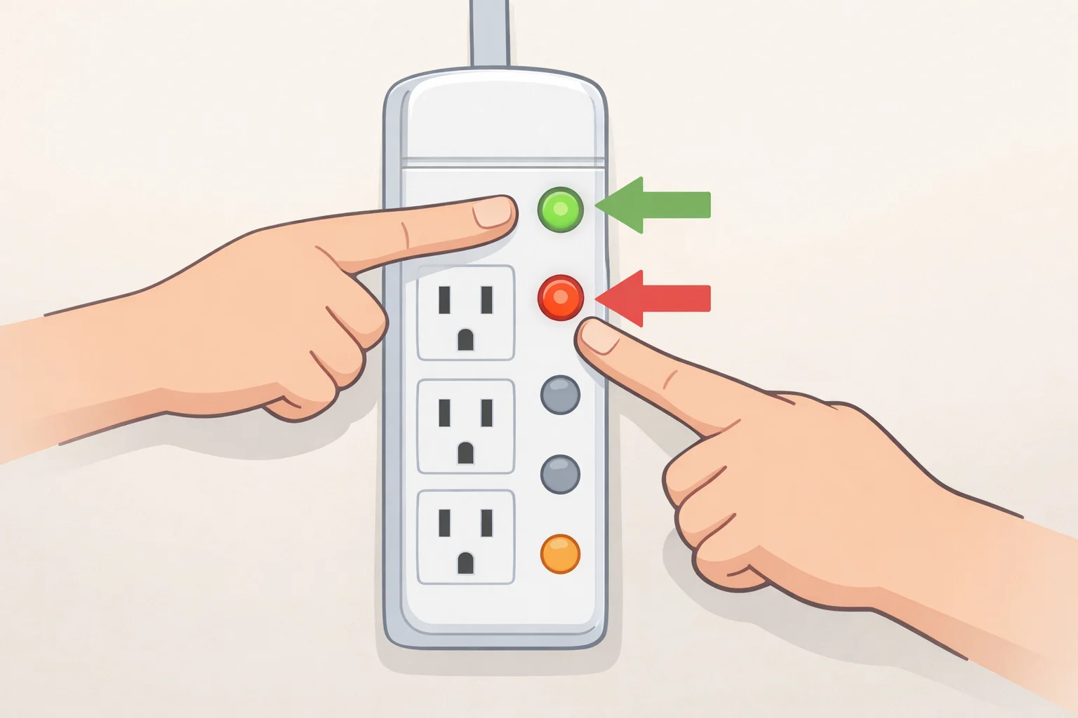 Surge protector front panel showing the “PROTECTED” indicator on while “WIRING FAULT” is off, with labels guiding what each light means