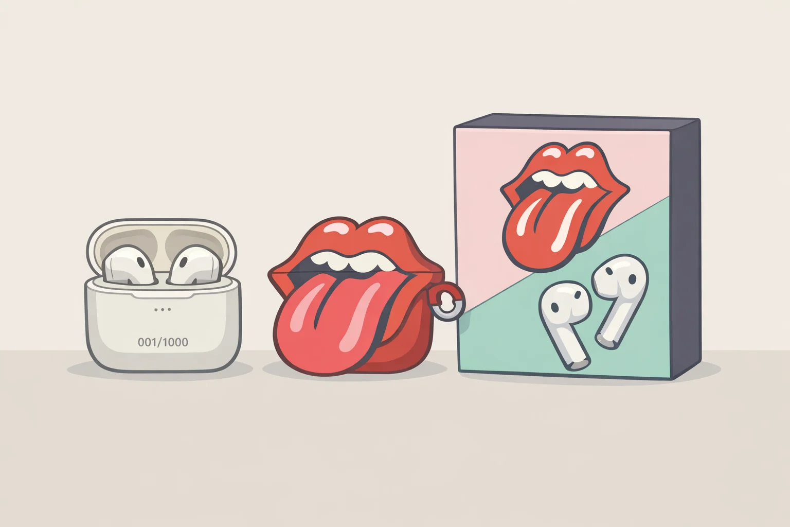 Top view of the Technics Rolling Stones earbuds set showing the black EAH-AZ100 earbuds, the Lips & Tongue rubber case with a visible serial number, and the collector presentation box