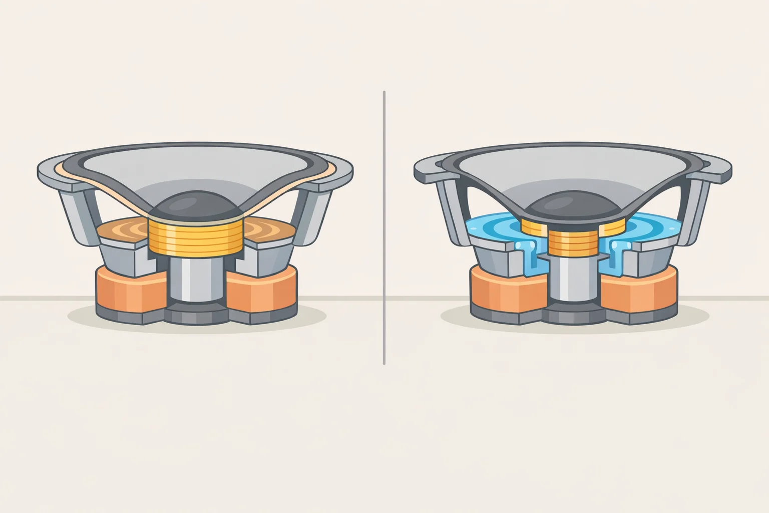 Diagram comparing a conventional earbud driver with a fixed surround versus the magnetic-fluid driver using ferrofluid controlled by the magnetic field