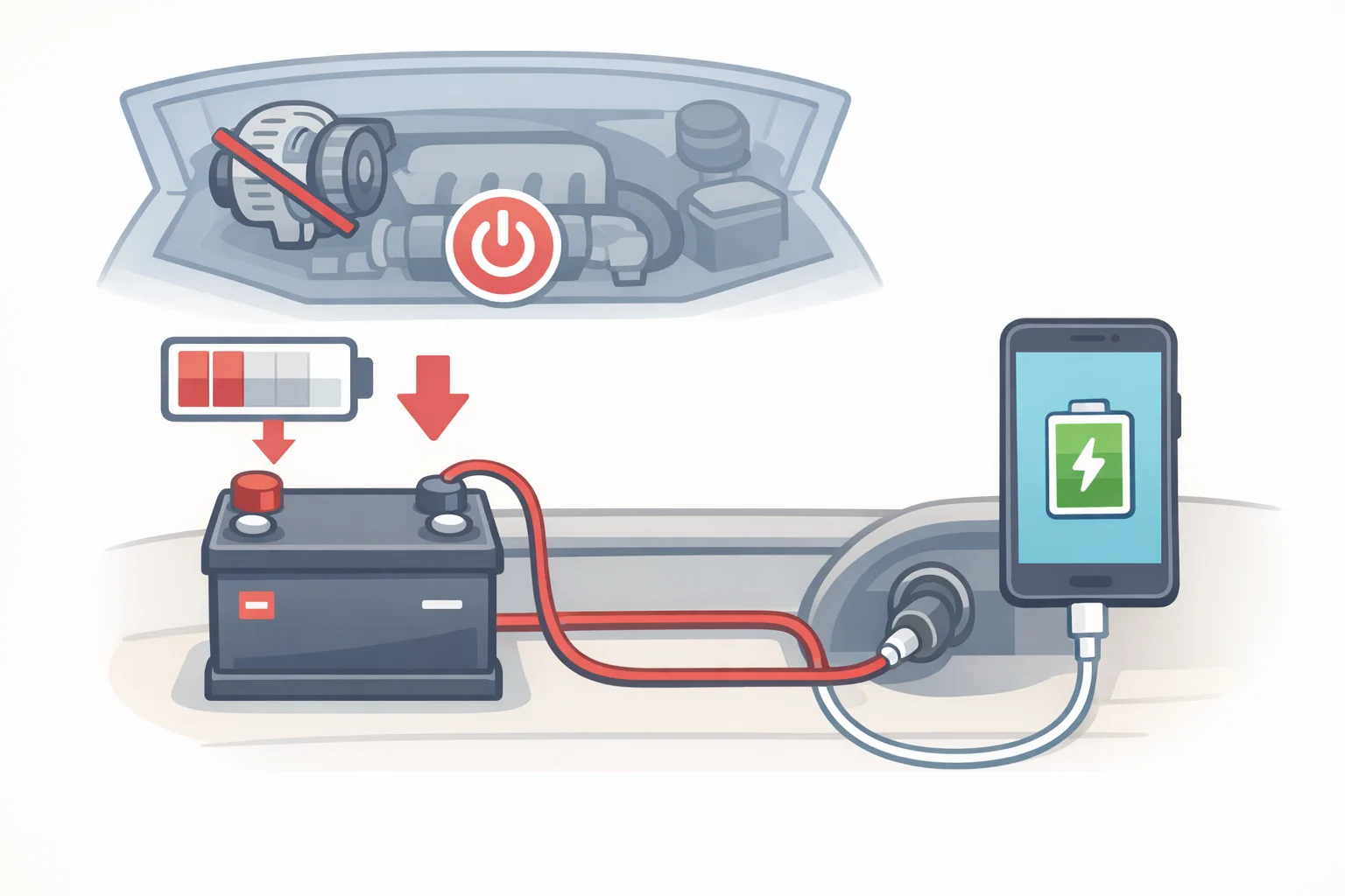 Diagram of a parked car with the engine off, where a phone charger draws current directly from the 12V starter battery rather than the alternator