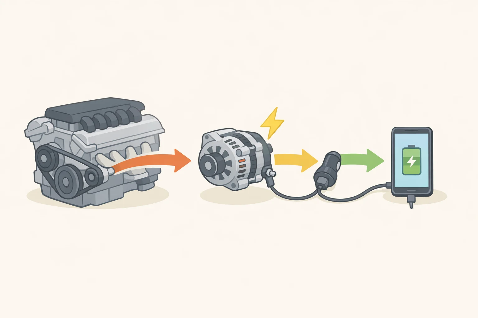 Diagram of a car alternator converting engine rotation into electricity to power a phone charger while the engine continues burning fuel