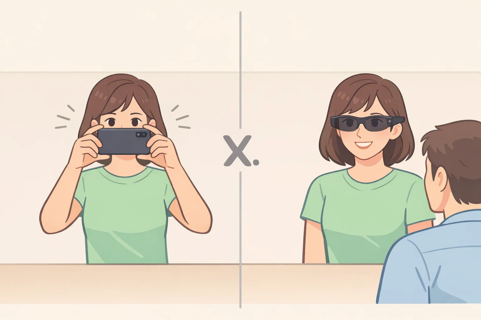 Side-by-side illustration of a person filming with a phone held low versus a person using Ray-Ban Meta smart glasses where the camera is on the face and bystanders cannot easily tell recording is happening.