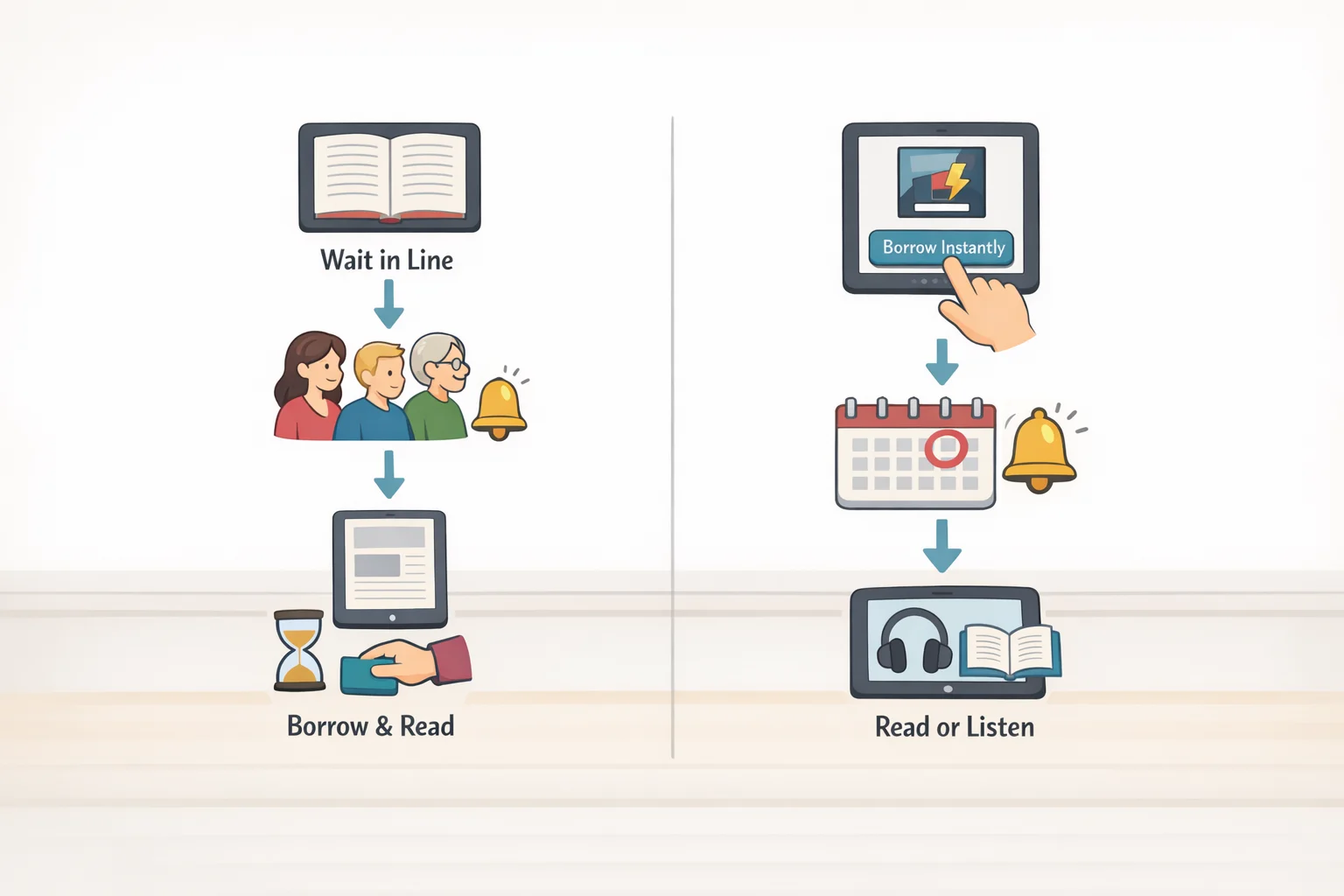 Diagram comparing Libby's waitlist for licensed copies versus hoopla's pay-per-use instant access checkout, highlighting how each library lending model changes availability