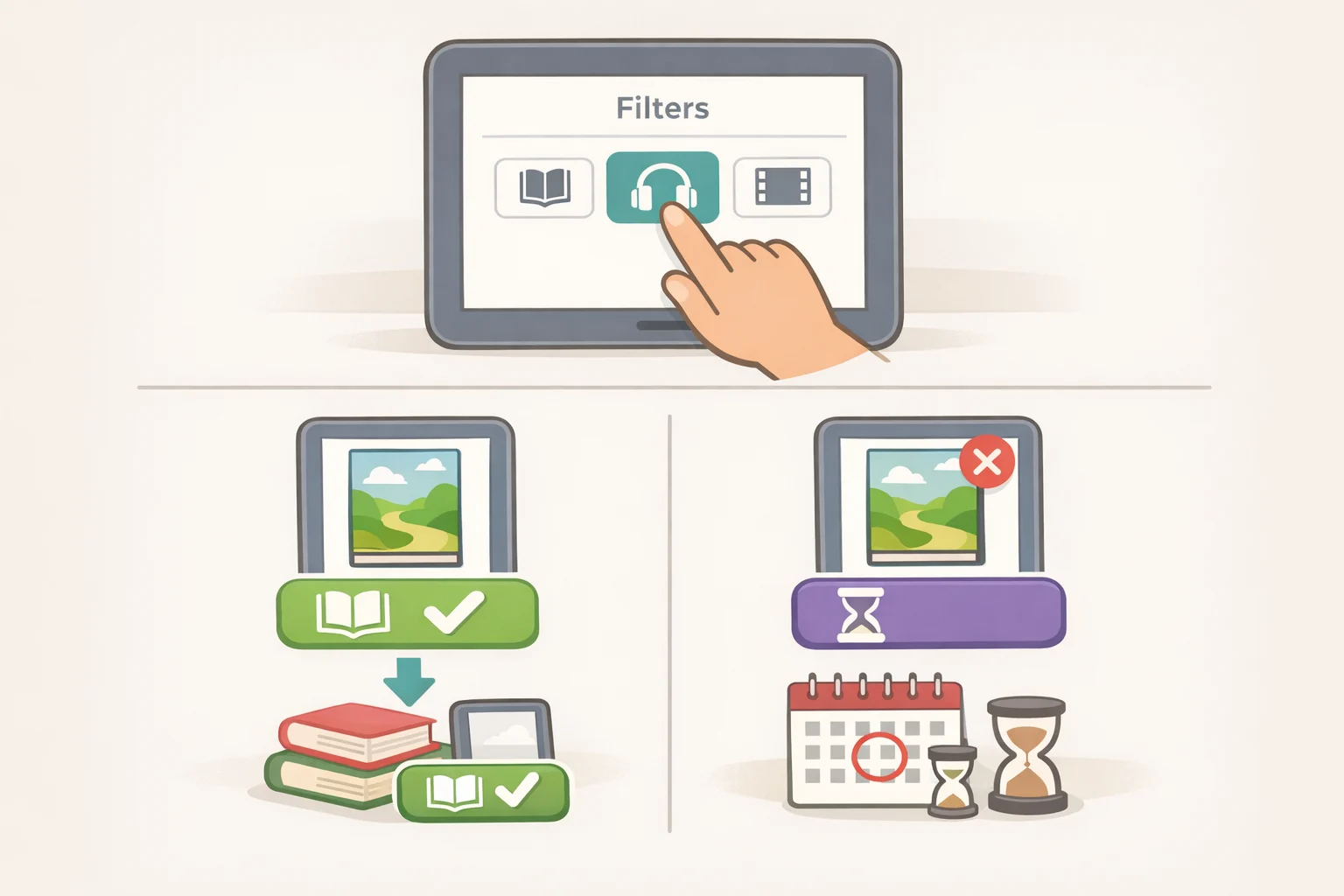 Screenshot-style illustration of Libby search filters (ebook, audiobook, availability) with a borrowed-when-available flow and a hold queue option for free ebook apps