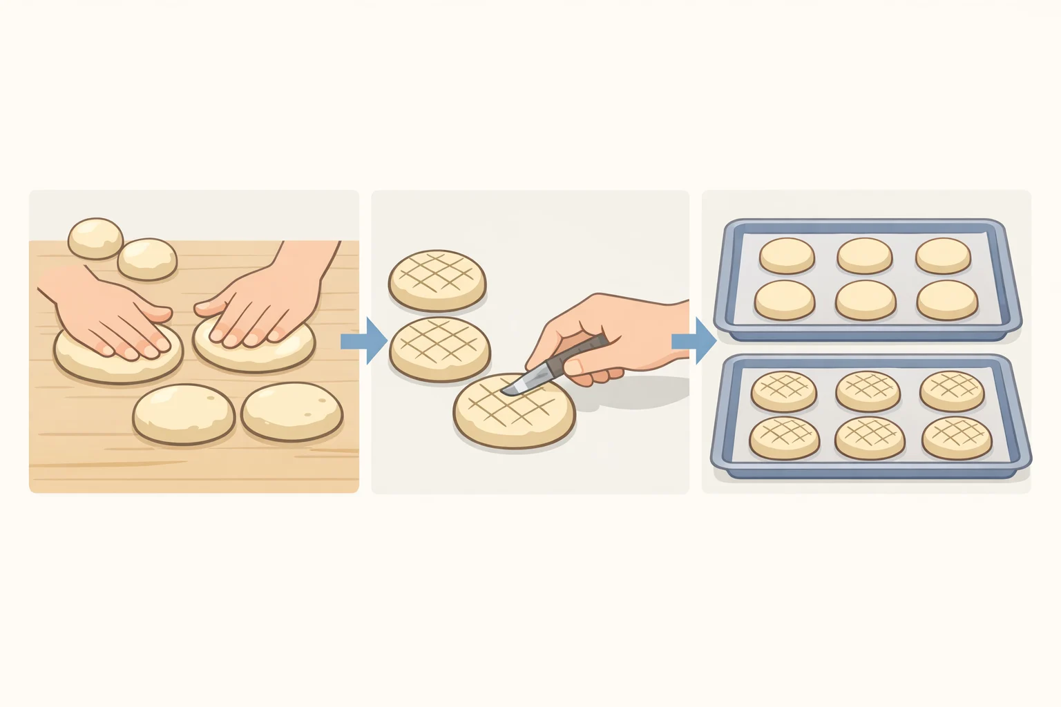 Cook shaping peanut butter cookie dough balls into flat disks, scoring a crosshatch pattern, and placing evenly spaced portions on parchment-lined baking sheets
