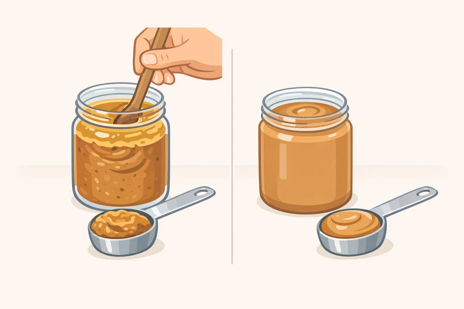 Close-up comparison of processed creamy peanut butter and natural no-stir peanut butter with separated oil, showing a spoon stirring before measuring