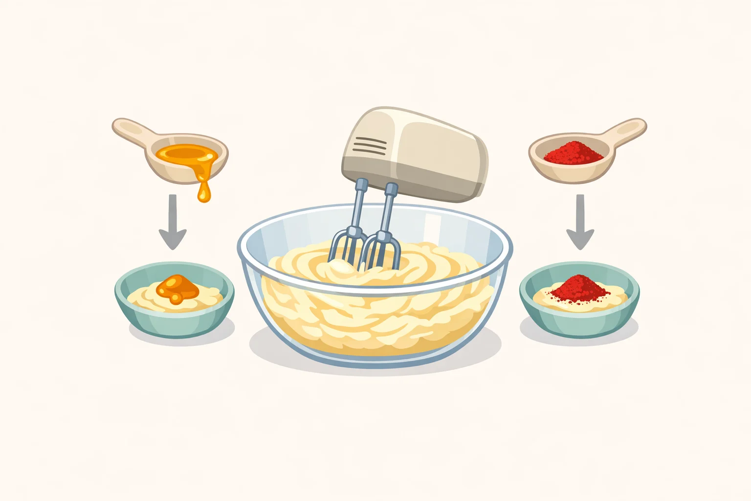 A split-view showing a jar of hot honey beside a small bowl of cayenne, and a cook tasting a creamed butter-and-brown-sugar mixture to calibrate the heat for the hot honey peanut butter cookies recipe