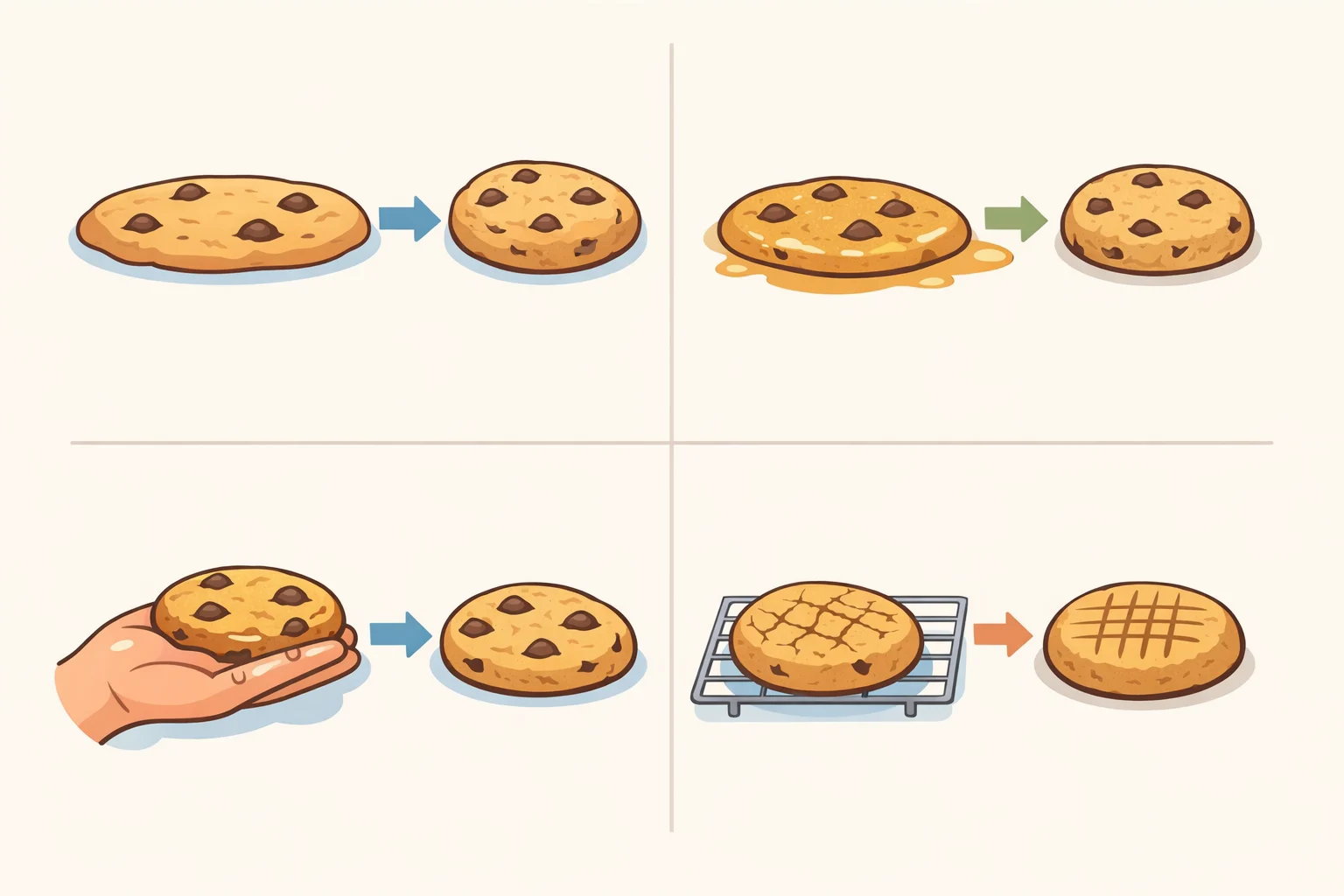A troubleshooting collage showing four cookie outcomesflat spread, barely warmed surface, greasy texture, and cracked edgeseach labeled with the correct fix like freezing dough, adjusting cayenne, and adding the drizzle only before serving