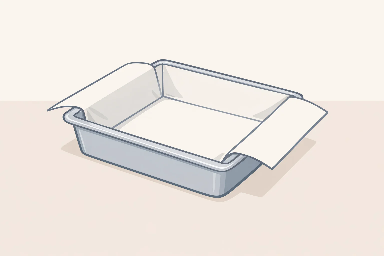 Parchment paper lining a baking dish with 2–3 inch overhang on two opposite sides for lifting and clean slicing of no-bake peach fluff bars