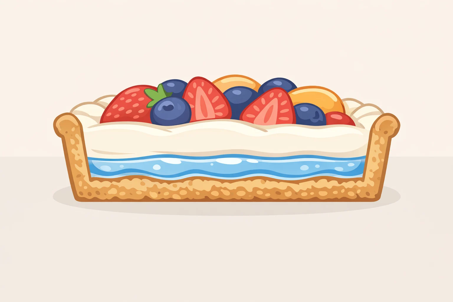 Cutaway view of no-bake peach fluff bars with excess peach juice forming a watery pocket between the crust and cream filling